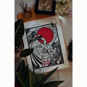 Girls with circles econd linocut print