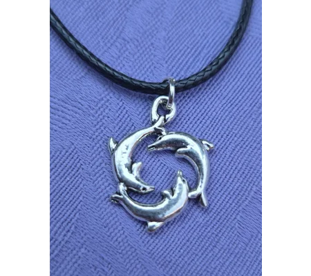 Ring of Dolphins necklace on a 45cm black cord necklace with lobster clasp