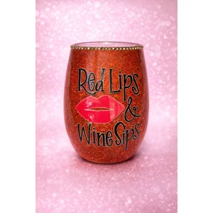 Red Lips & Wine Sips Glittered Stemless Wine Glass