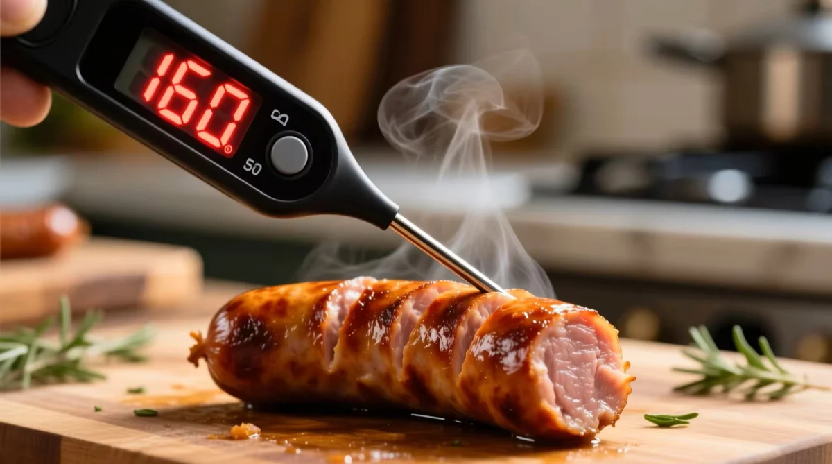 Checking sausage is cooked to safe temperature
