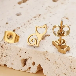 Hollow Cat Shaped Earring Studs - Simple Mini Feline Fashion Stainless Steel Earrings