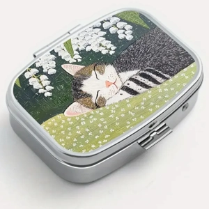 Cute Illustration Tabby Cat Metal Trinket Box Pill Case - Print Square Pill Box Compact Organiser Cute Illustration Tabby Cat Metal Trinket Box Pill Case - Print Square Pill Box Compact Organiser