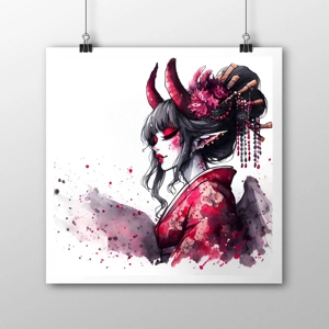 Tsuno - Cute Spooky Horned Geisha - Original 21cm x 21cm Watercolour Manga Print Unique Artwork