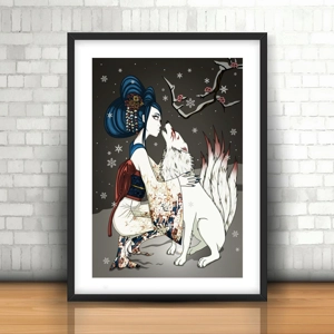 Enigmatic Kitsune and Geisha Art Print - Traditional Japan..