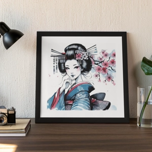 Dressed In Blue - Geisha Artwork Print - Original Watercolour Woodblock Style Japanese Manga Art