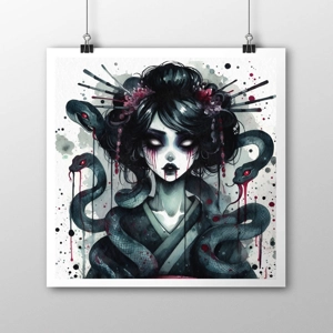 Enchanting Tsuchinoko Artwork: Original Spooky Manga Watercolour Geisha Snake (21cm x 21cm)