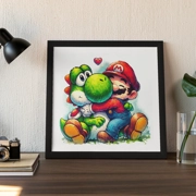 Mario and Yoshi Hug - Artwork print 21cm x 21cm - Fan Art Video Game Japanese Manga Watercolour Art