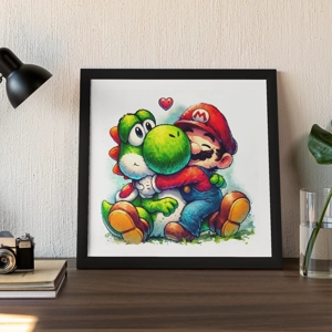 Mario and Yoshi Hug - Artwork print 21cm x 21cm - Fan Art Video Game Japanese Manga Watercolour Art