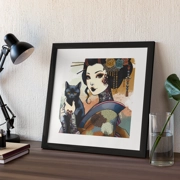 Kiki - Harajuku Geisha Girl and Black Cat Print - Watercolour Woodblock Tattooed Japanese Manga Art