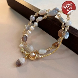 Double-layered Stacked Natural Pearl and Crystal Bracelet for Women, Light Lux..