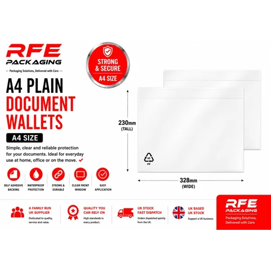 A4 Plain Document Enclosed Wallets Plain Peel & Seal Clear Plastic Envelopes