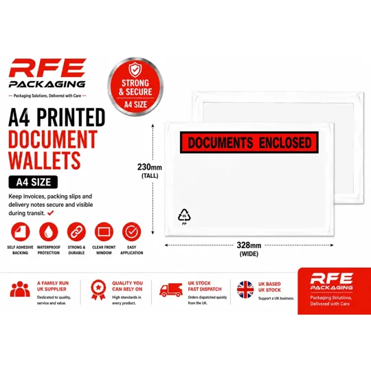 A4 Printed Document Enclosed Wallets Plain Peel & Seal Clear Plastic Envelopes