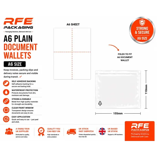 A6 Plain Document Enclosed Wallets Printed Peel & Seal Clear Plastic Envelopes