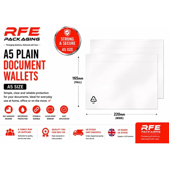 A5 Plain Document Enclosed Wallets Plain Peel & Seal Clear Plastic Envelopes