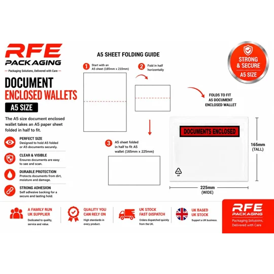 A5 Printed Document Enclosed Wallets Plain Peel & Seal Clear Plastic Envelopes