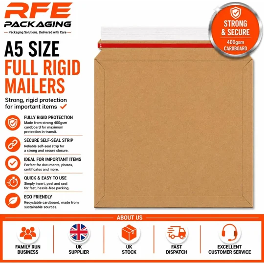 A5/C5 180mm x 235mm Strong Heavy Duty Rigid Cardboard Envelope 400gsm, Corrugated Capacity Book Mail