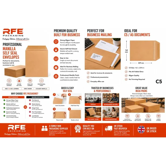 C5 / A5 Manilla Brown Mailing Envelopes Self Seal 80gsm 229 x 162mm