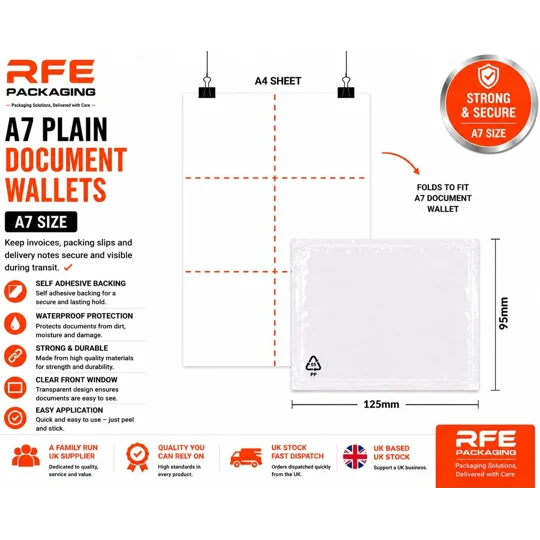 A7 Plain Document Enclosed Wallets Plain Peel & Seal Clear Plastic Envelopes