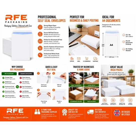 C4 Plain White Self Seal Envelopes 324 x 229mm 90gsm