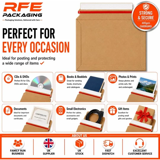 A5/C5 180mm x 235mm Strong Heavy Duty Rigid Cardboard Envelope 400gsm, Corrugated Capacity Book Mail
