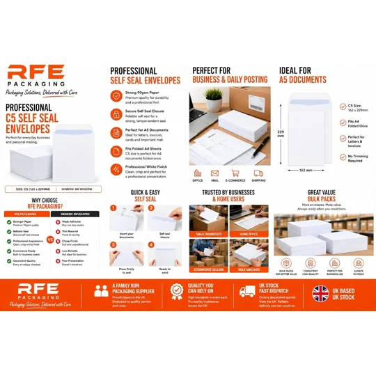 C5 / A5 White Mailing Envelopes Self Seal 90gsm 229 x 162mm