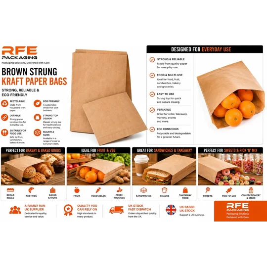 RFE Brown Strung Kraft Paper Food Bags Food use, Groceries, Sandwiches Fruit Bags Sweet Party Grocer