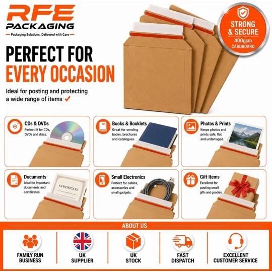 CD Size 180mm x 180mm Strong Heavy Duty Rigid Cardboard Envelope 400gsm, Corrugated Capacity Book Ma