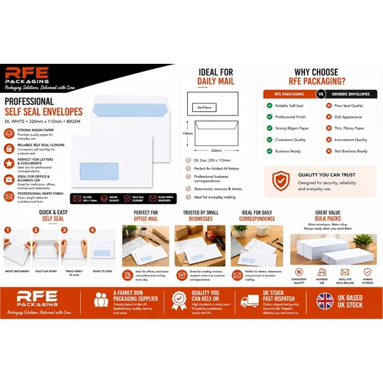 DL White Mailing Envelopes with Window Self Seal 80gsm 110 x 220mm