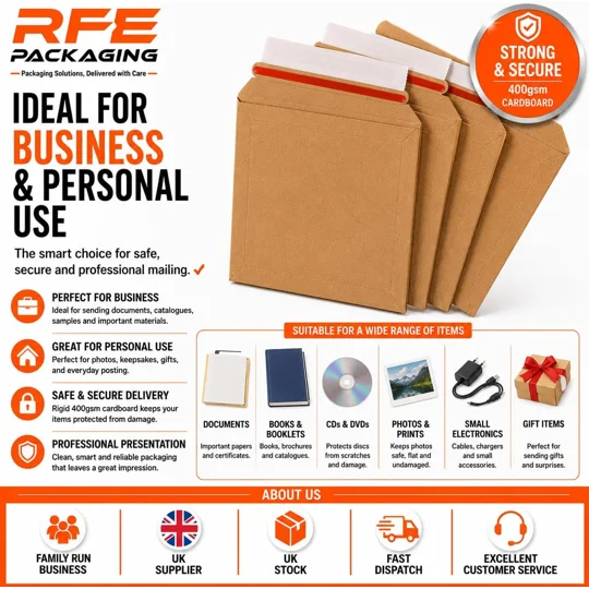 CD Size 180mm x 180mm Strong Heavy Duty Rigid Cardboard Envelope 400gsm, Corrugated Capacity Book Ma
