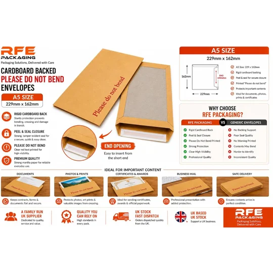 A5 Hard Back Envelopes 229mm x 162mm C5 Manilla Please Do Not Bend Envelope