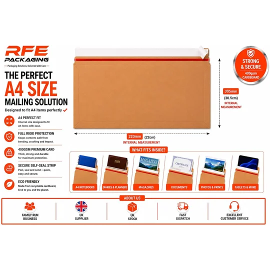A4/C4 209mm x 312mm Strong Heavy Duty Rigid Cardboard Envelope, Capacity Book Mailer, Peel & Seal, R