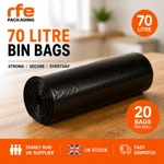 70L Strong & Secure, Refuse Sacks, Bin Bags, Bin Liners, Flat Top, Recycled, Tear Resistant, Pe