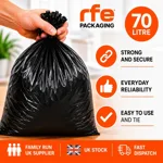 70L Strong & Secure, Refuse Sacks, Bin Bags, Bin Liners, Flat Top, Recycled, Tear Resistant, Pe