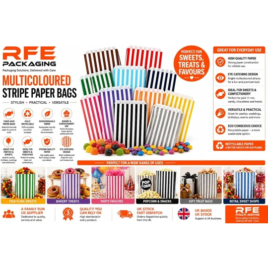 RFE 5" x 7" Striped Candy Sweet Paper Bags *CHOOSE COLOUR & QUANTITY*