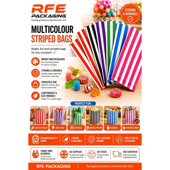 RFE 10" x 14" Striped Candy Sweet Paper Bags *CHOOSE COLOUR & QUANTITY*