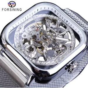 Forsining Mens Silver Automatic Mechanical Steampunk Mesh Watch