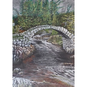 Original pastel drawing of Packhorse Bridge in Carrbridge, Scotland. by Trevor Whetstone