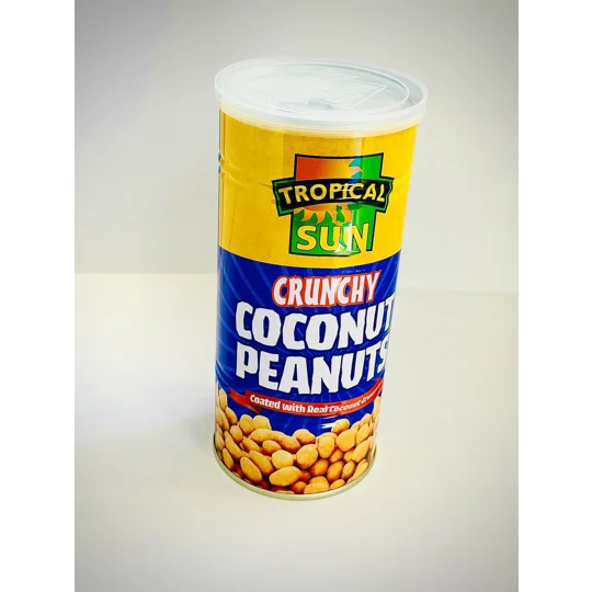 Crunchy coconut peanuts in a yellow and blue tin with white lid