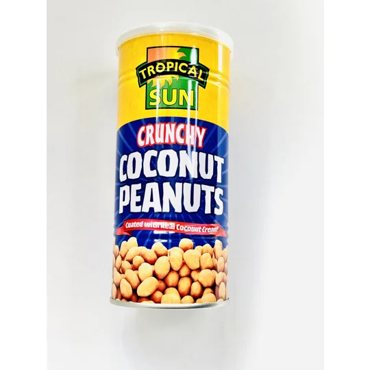 Crunchy coconut peanuts in a yellow and blue tin with white lid