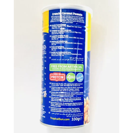 Crunchy coconut peanuts in a yellow and blue tin with white lid