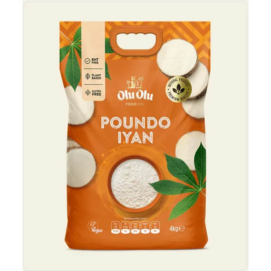 An orange 4kg packaging containing yam powder. Olu Olu Poundo Iyan 4kg, 8kg, Olu Olu Poundo Iyan 1x8kg, Olu Olu Poundo Iyan, Poundo, Iyan, Pounded yam