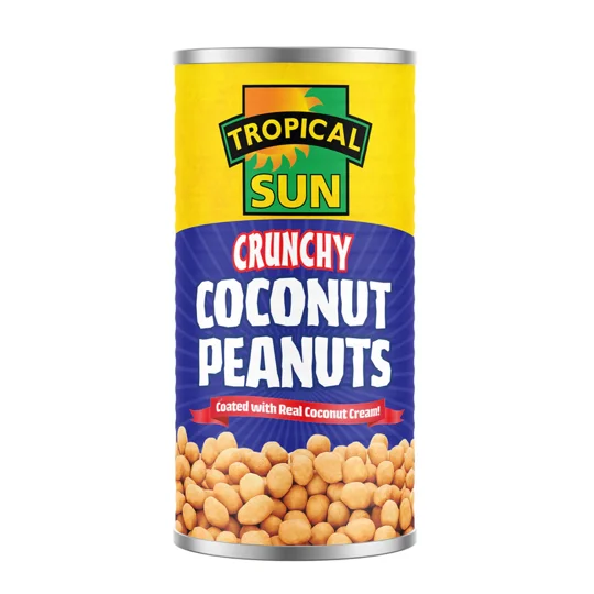 Crunchy coconut peanuts in a yellow and blue tin with white lid. Tropical Sun Crunchy Coconut Peanuts
crunchy coconut peanuts