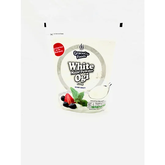 White sealed bag containing pap (ogi, koko, Akamu) made from maize
GraceCo White Pap Ogi 1x500g