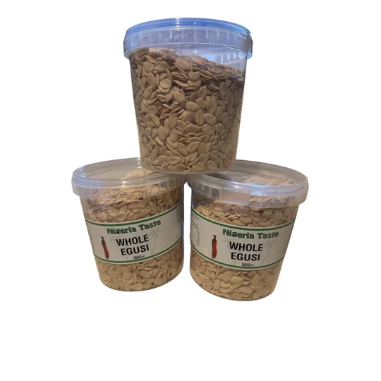 A white transparent white jar with Nigeria Taste Whole Egusi