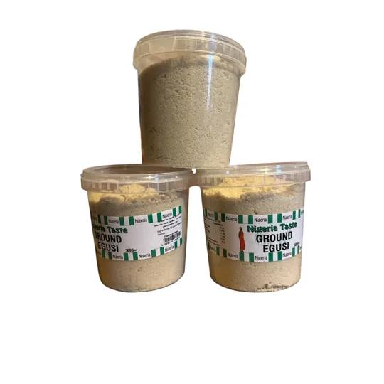 A white transparent white jar with Nigeria Taste ground Egusi (Melon)