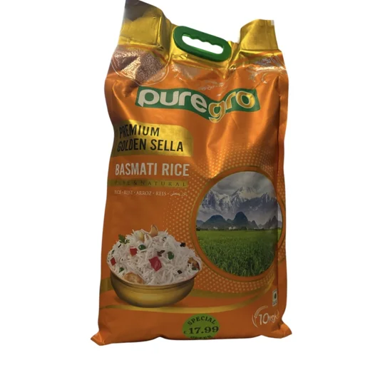 An orange bag with green handle containing 10kg basmati rice from Puregro, Basmati Rice, Puregro