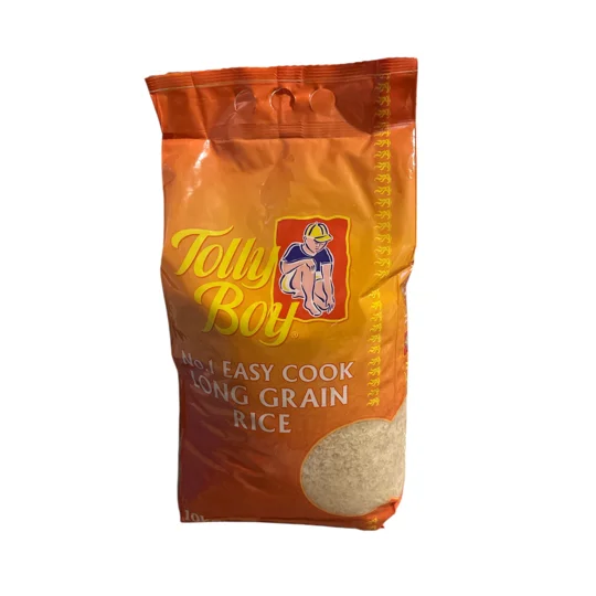 Yellow 10kg bag containing long grain
Easy cook rice - brand name; Tolly boy rice, Tolly Boy Easy cook rice