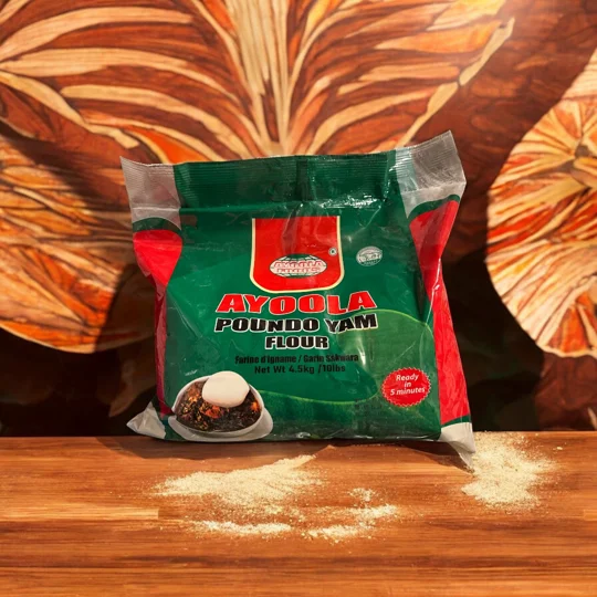Green and red 4.5kg packaging containing Ayoola yam flour for pounded yam, Ayoola Poundo 4.5kg