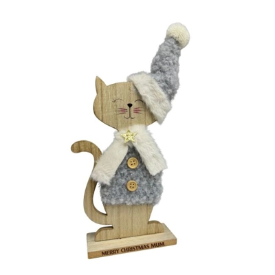 Festive Wooden Cat with Jumper