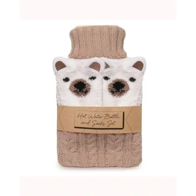 Beige Hot Water Bottle & Polar Bear Socks Set
